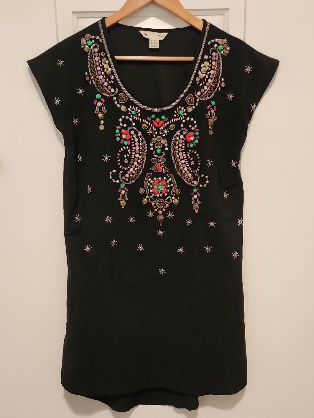 Anthropologie Yumi Embellished Black Beaded Scoop-Neck Shift Dress Med-Petite